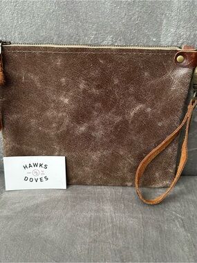 Hawks and Dove Handcrafted Genuine Brown Leather Wristlet Clutch